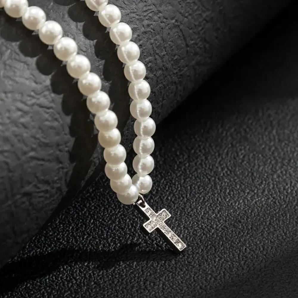 Men's Bling Cross Pearl Necklace